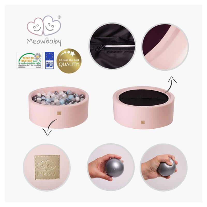 Billede der viser hvordan man vasker betrækket på boldbassinet, samt viser elasticiteten i boldene der hører med boldbassinet