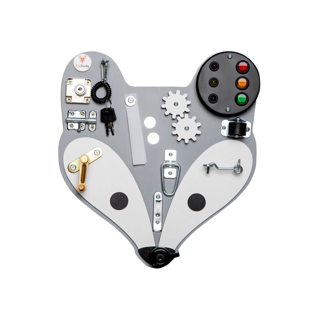 Grå aktivitetstavle formet som en ræv